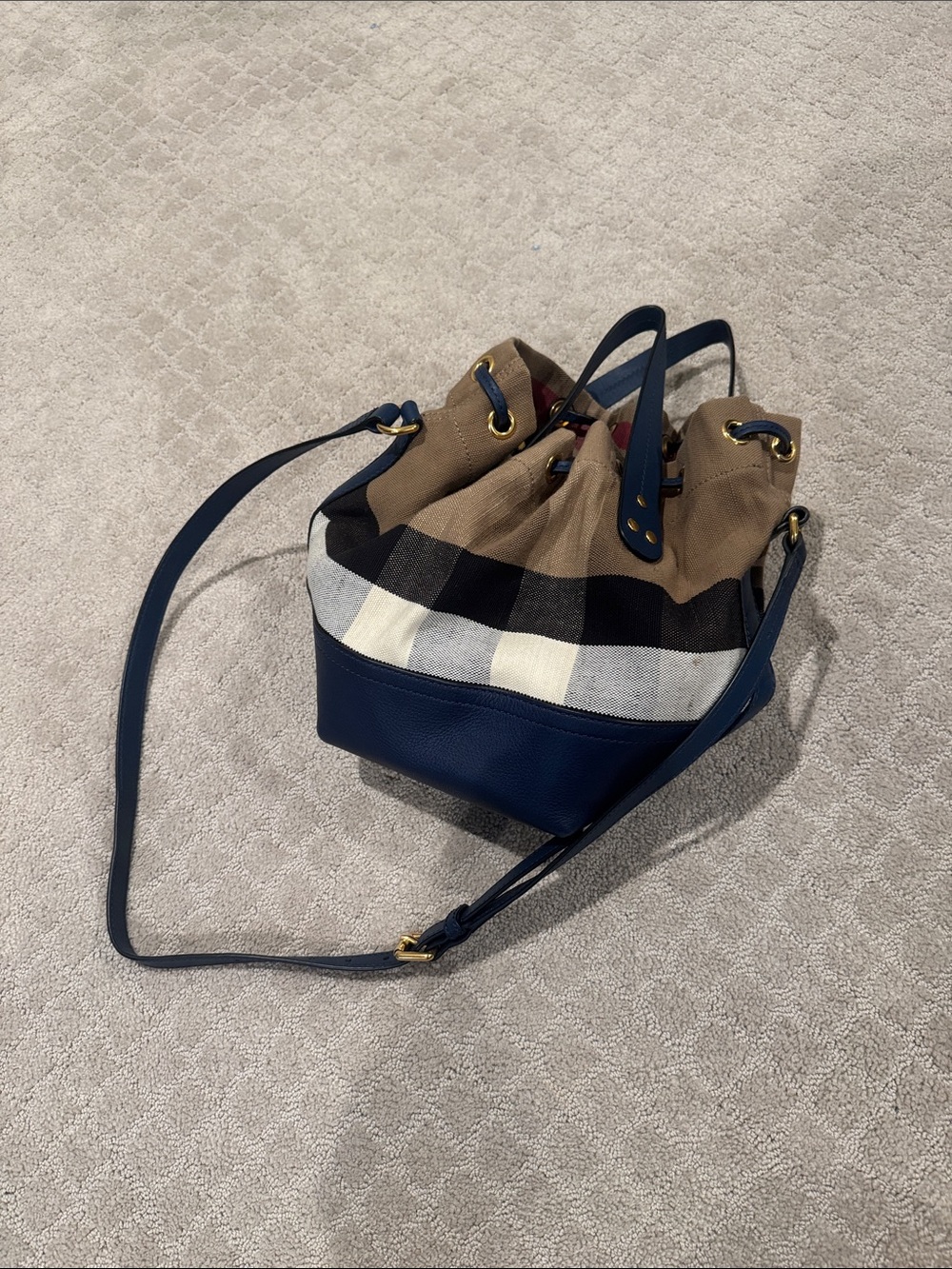 Burberry Navy, Beige & Black Check Drawstring Bucket Bag